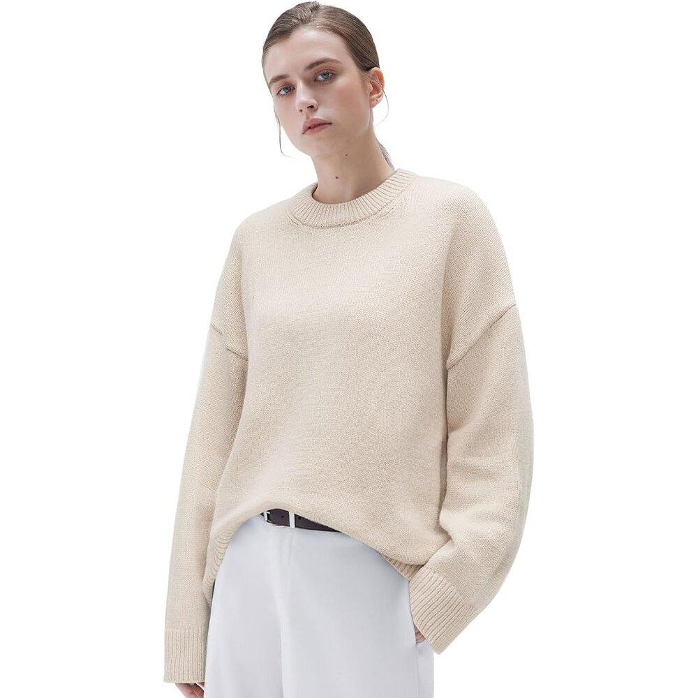 Women Cashmere Blend Oversized Crew Neck Sand Soft Warm Pullover Sweater
